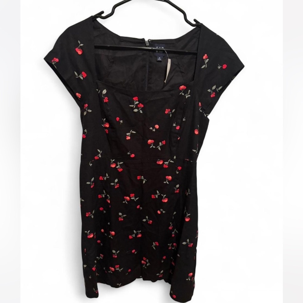 GAP Black Cherry Print linen blend cap sleeve Mini Dress Medium NWT